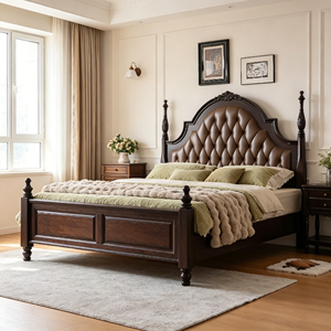 Base de Cama Tapizada Tradicional Tamaño Queen con Cabecera de Cuero Sintético y Postes de Madera - Product Image 5