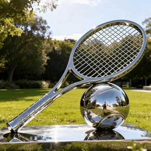 Grandes sculptures de raquettes en acier inoxydable, balles de tennis et de golf, et sculptures de raquettes pour la décoration des parcs - Product Image 1