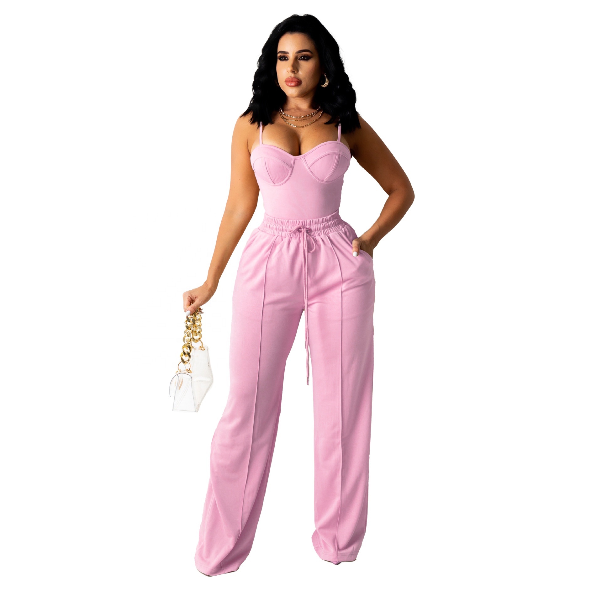 Women Elegant 2 Piece Sets Spaghetti Straps Crop Top Wide Leg Long Pant Set With Pockets Sweatsuits Set Sexy Summer Outfits 2023 · image 3