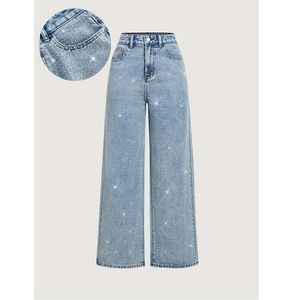 <span class=keywords><strong>Jeans</strong></span> da Donna Lavati con Strass a Vita Alta e Taglio Dritto, Pantaloni di Lusso per Ragazze alla Moda dallo Stile Street - Product Image 4