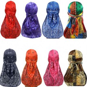 Durag en satin Paisley personnalisé avec logo pour hommes, soyeux, pour ondulations 360, queue extra longue, broderie 3D, turban de créateur Hip Hop - Product Image 2
