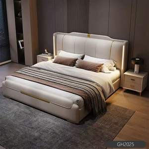 Роскошная Современная двуспальная кровать размера «King-Size» из мягкой кожи, однотонная деревянная двуспальная кровать с отделением для хранения мебели для спальни для дома или отеля - Product Image 2