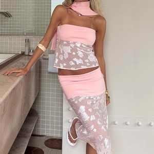 Conjunto de Dos Piezas sin Tirantes para Mujer, Falda Larga con Transparencias, Transpirable, Estilo Casual - Product Image 1