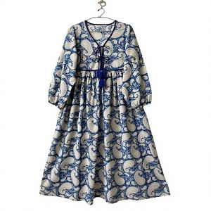 Womens Summer Wear Blue White Paisley Eco-Friendly Breathable Cotton Loose Fit Midi V-neck <b>Tassel</b> Printed <b>Dress</b> - Product Image 3