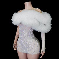 Robe de danse mini scintillante asymétrique en tulle et résille transparente nude, ornée de perles et de strass, pour spectacle de scène Drag Queen - En stock
