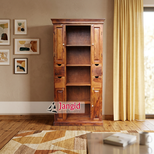 Bibliothèque moderne en bois avec 5 étagères, armoire à chaussures artisanale à 4 tiroirs et 4 portes, pour la maison et la ferme - Product Image 4