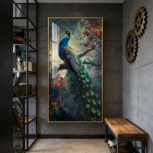 Cuadro Decorativo de Lujo con Estampado Animal para Colgar en la Pared, Decoración para Sala de Estar, Pintura de Cristal de Pavo Real con LED - Product Image 2