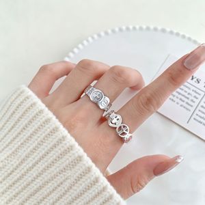 S925 Sterling <b>Silver</b> Hollow Smiley Face <b>Ring</b> For Women Simple <b>Adjustable</b> Design Gift Jewelry - Product Image 5