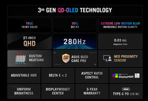 จอเกมมิ่ง ASUS ROG Strix OLED XG27ACDMS รุ่นดั้งเดิม ขนาด 26.5 นิ้ว ความละเอียด 1440p หน้าจอ QD-OLED 280 Hz 0.03 ms พร้อมฮีทซิงค์แบบกำหนดเอง - Product Image 2