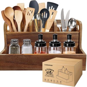Caja de almacenamiento de cubiertos de madera vintage, soporte para cuchillos y tenedores de restaurante, organizador de condimentos y artículos diversos para cocina. - Product Image 1