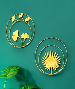 Ornament Gold Round Ginkgo Leaf Background Wall Decoration Living Room Wall Home Decor Luxury Wrought Iron Wall Hanging