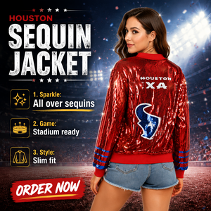 Chaqueta de lentejuelas para <span class=keywords><strong>mujer</strong></span> Texan 2026 para el Día del Partido, con patrón sólido en rojo, blanco y azul, logotipo frontal de jersey tejido y cierre de cremallera - Product Image 1