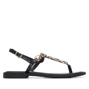Carmela Women's Flip Flops Black 38 <b>Flat</b> Sandals With Gold Studs - Product Image 1