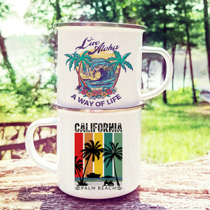 Taza con estampado de playa de <span class=keywords><strong>California</strong></span> Plam, tazas esmaltadas para acampar, taza de cerveza para fiesta de fogata de aventura, tazas con mango de montaña, regalos para <span class=keywords><strong>Camper</strong></span> - Product Image 1