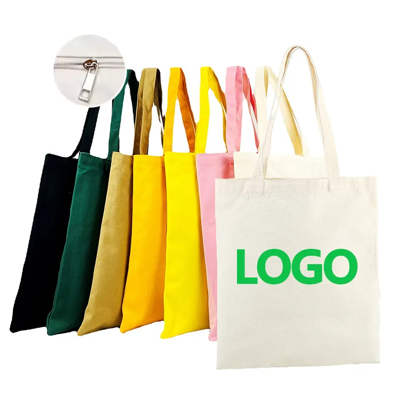 Customized Logo high Quality Printed Recycle Plain Organic Cotton Canvas Tote Shopping Bags with zipper