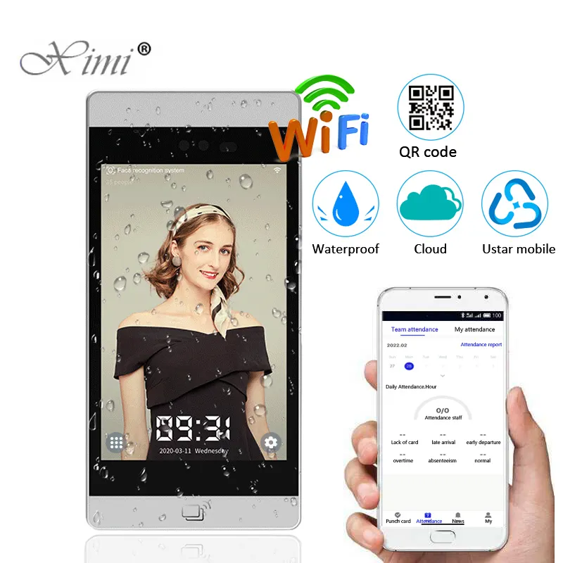 Linux WIFI กันน้ำ AI ไบโอเมตริกซ์ใบหน้ารหัส QR บัตร RFID การรับรู้การเข้าร่วมแอปมือถือและการควบคุมการเข้าถึงระบบคลาวด์