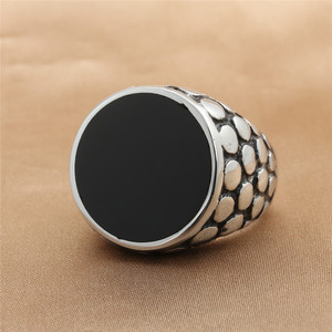 Men's <b>Titanium</b> Steel Round Epoxy <b>Ring</b> Silver Retro Punk Style Geometric Design Bezel Setting Gift Jewelry - Product Image 1