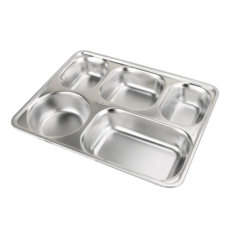 Food Grade 304 Stainless Steel Lunch Tray School Canteen Divided Dining Plate With Lids