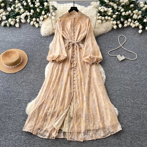 Robe longue à manches longues Printemps 2026 avec cordon de serrage à la taille, style français - Product Image 2