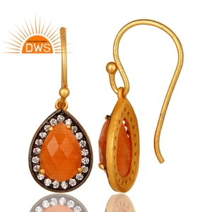 Zircon Peach Moonstone Gemstone Dangle Designer Indian Silver Gold Plated Earrings Supplier Jewelry for Women - Product Image 3