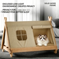 Cama Elevada Moderna de Madera para Perros y Gatos, Diseño Sólido con Cierre de Correa, Casa Cerrada Acogedora para Mascotas Pequeñas, Apta para Todas las Estaciones