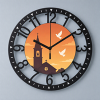 Horloge murale en fer personnalisable avec image de colombe et coucher de soleil, cadre métallique ajouré, pour la décoration religieuse et domestique en gros