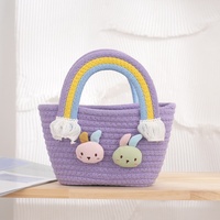 Sac de rangement multifonctionnel moderne en coton tressé écologique avec motif lapin de dessin animé et arc-en-ciel, idéal pour le salon, souvenir de mariage printanier pour fille