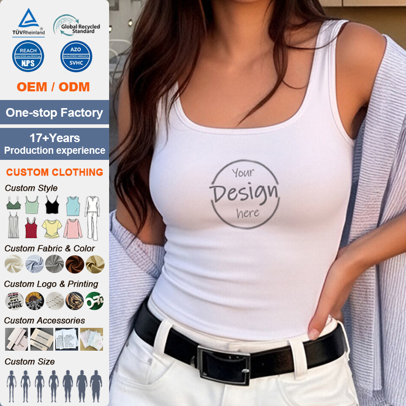 Custom Logo Women's Casual Knitted Tank Top With Square Collar Breathable Built-In Bra Side Smoothing Wear For Customizable Logo