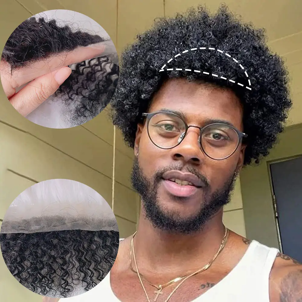 Sesuaikan 100% rambut manusia Virgin asli warna hitam Afro Kinky keriting V Loop Pu dasar rambut palsu garis rambut depan pengganti rambut untuk pria