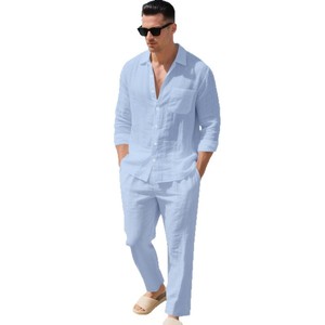 Completo da <span class=keywords><strong>Uomo</strong></span> in <span class=keywords><strong>Lino</strong></span> 2 Pezzi: Camicia a Maniche Lunghe con Colletto Rovesciato + Pantaloni Lunghi Larghi, Outfit Casual da <span class=keywords><strong>Spiaggia</strong></span> per l'Autunno, Disponibile in 8 Colori - Product Image 1