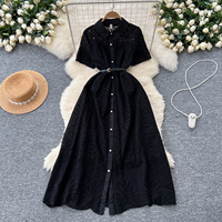 Summer Vintage Turn-down Collar Tunic Slim Casual Midi Dress for Women Embroidery Hollow Out Lace Dress Black White
