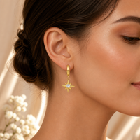 Anting-anting Huggie Hoop Zirkon Baja Tahan Karat Anting-anting Gantung Bintang Emas untuk Wanita Perhiasan Bintang 8 Titik CZ Hadiah
