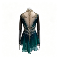 Robe de patinage artistique vert foncé à col montant et manches longues, ornée de strass et de mailles, pour la compétition et les spectacles des adultes et des enfants