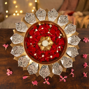 Metal Leaf Diya Urli Bowl With Crystal Decoration Tea Light Holder Urli Diwali and Other Candle Holders Lanterns for Home Decor - Product Image 5