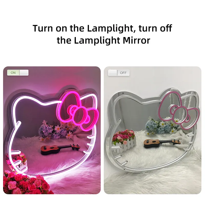 Divatla Nouveau Design Miroir Néon Kitty Mignon Lumière LED Miroir de Maquillage Décoratif et Suspendu Personnalisé Miroir Néon