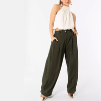 Pantalon large vert foncé sur mesure pour femme 2026, pantalon de bureau taille haute avec coupe décontractée ajustée, OEM/ODM, style vintage avec revers