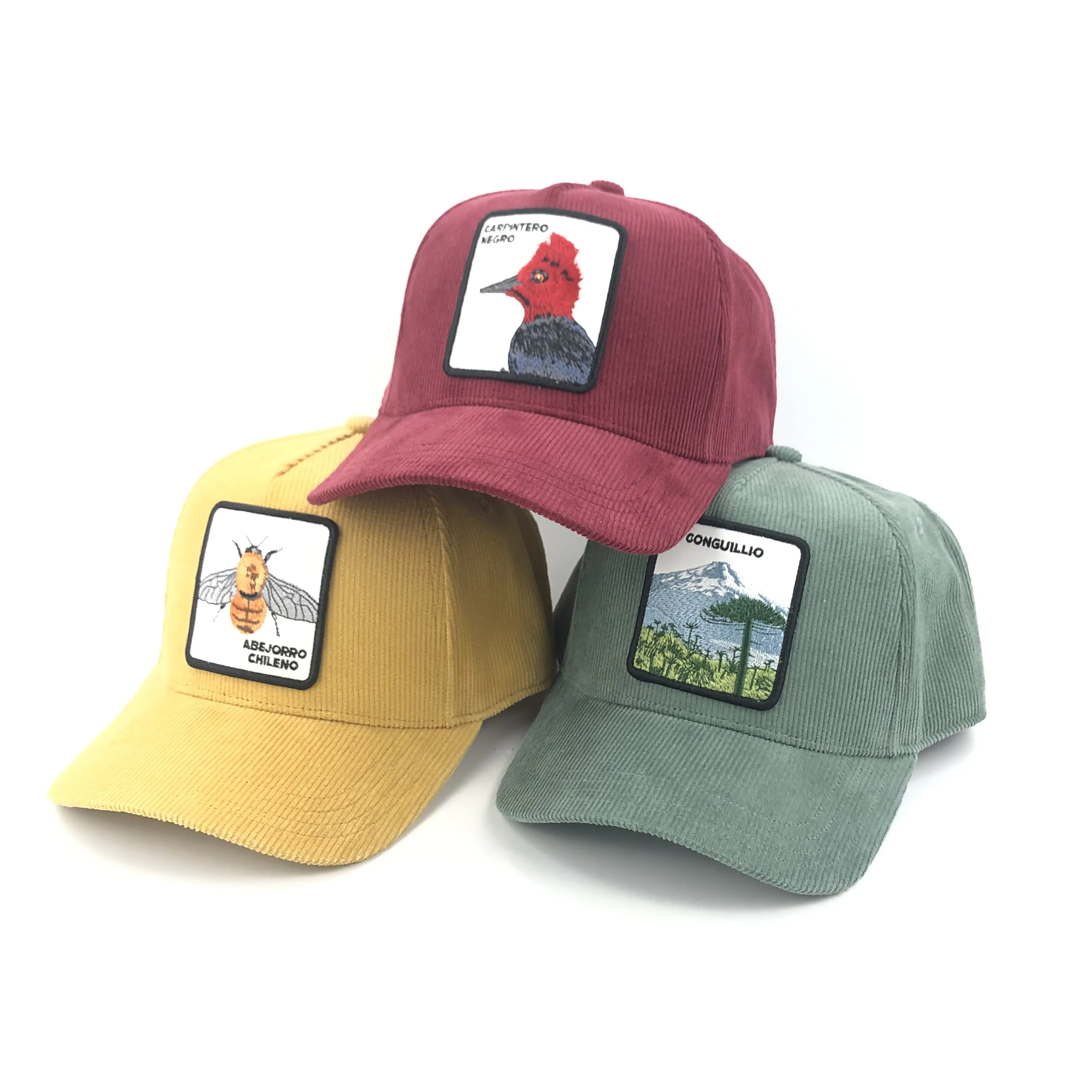 custom animal applique curved hat 5 panel vintage corduroy baseball cap for men
