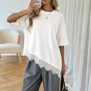 T-<span class=keywords><strong>shirt</strong></span> asymétrique tendance pour <span class=keywords><strong>femme</strong></span> avec dentelle, collection été 2026, décontracté chic, col rond, coupe oversize, manches 3/4, longueur longue - Product Image 2