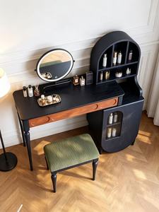 Premium Arched Hutch Makeup <b>Vanity</b> Set Fluted Glass Side Cabinet With <b>Mirror</b> & Corduroy Stool For Bedroom - Product Image 3