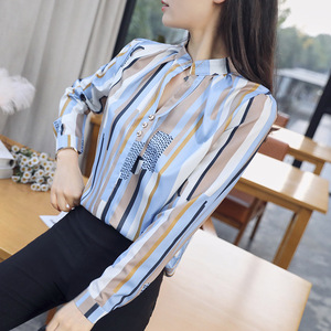 Nouvelle <span class=keywords><strong>Blouse</strong></span> Décontractée Ample à Rayures et Col Montant, Manches Longues, Blanc, pour Femme, Été et Automne - Product Image 6