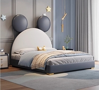 Einzel bett im nordischen Stil mit faltbarem Leder-Technologie rahmen Modernes blau-rotes Design für Jungen, Mädchen, Schlafzimmer, Wohnzimmer
