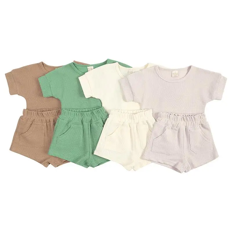 Wholesale Children Kids Short Sleeved Shirt and Shorts Waffle Little Girls Clothing Sets