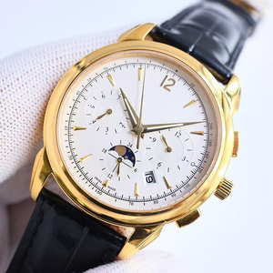 High-end Luxury Pulsometer Chronograph Moon Phase Sapphire Crystal Golden Case White Dial Black Leather Strap Men Luxury Watch - Product Image 2