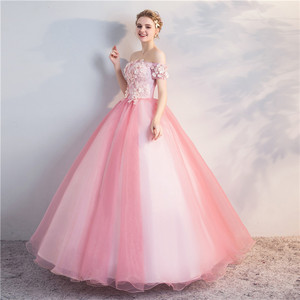 Pink Off The Shoulder Ball Gown Chiffon Long Dress Floral Print For Women Evening Party Performance Art Exam - Product Image 4