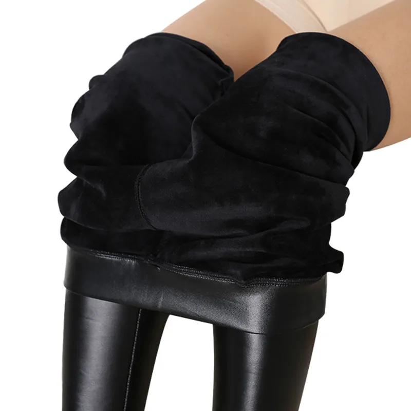 Fall/Winter Plush Thermal Leggings Black PU Leather High-Waisted Thickened Casual Faux Leather Leggings