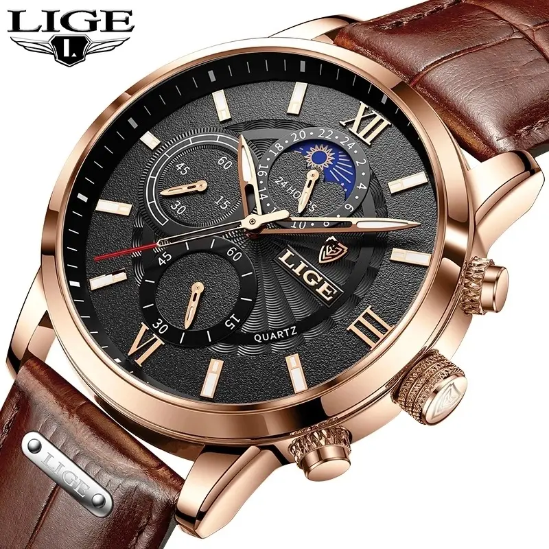 LIGE 2021 nuevo reloj para hombre, nuevos relojes deportivos para hombre, relojes de cuarzo para hombre, reloj de pulsera impermeable de cuero informal para hombre, reloj Masculino