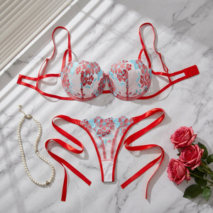 Women's Floral Embroidery Sheer Mesh <b>Bra</b> and Tie Side Thong <b>Set</b> Underwire Lace Womens Intimates French Style <b>Sexy</b> Underwear <b>Set</b> - Product Image 3