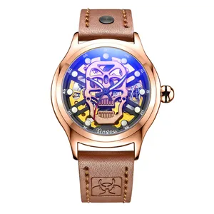 Ưa Thích Quyến Rũ Độc Đáo Rose Gold Skull Xem Cho Nam Giới Laogeshi Tự Động Cơ Khí Skeleton Xem Da Cổ Tay Thời Trang Đồng Hồ