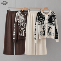 Ensemble de mode automne-hiver pour femmes, cardigan en tricot à imprimé uni décontracté avec boutons métalliques, ensemble deux pièces avec pantalon large