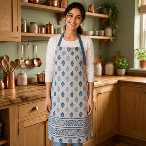 Tablier en lin de qualité supérieure |   Tablier en lin à imprimé floral bleu avec bordure décorative |   Tablier de cuisine et de pâtisserie réglable - Product Image 4